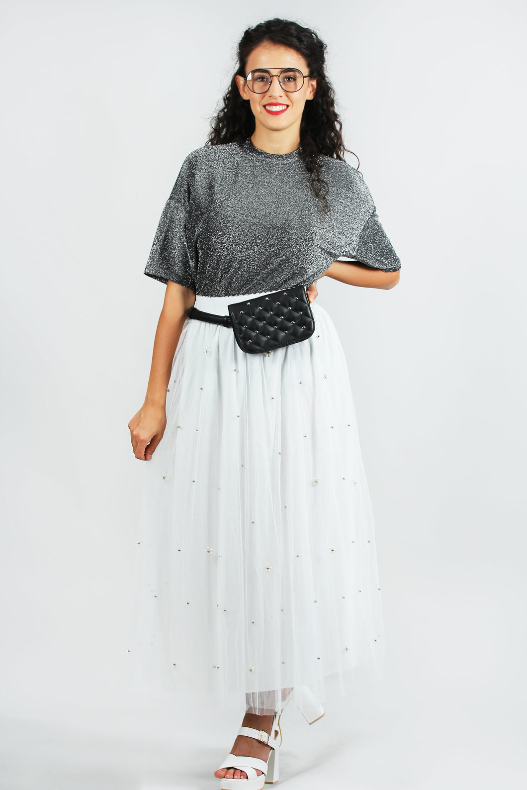 Pearl Mesh Skirt White