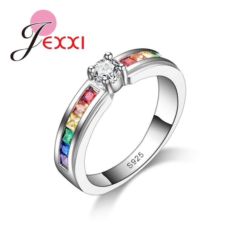 Rainbow Promise Beautiful Engagement Rings For Lover 925 Sterling Silver Elegant Jewelry High Quality Austrain Rhinestone