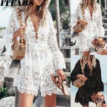 Load image into Gallery viewer, 2020 Autumn Lace Crochet Women Beach Dress Bikini Cover Up Swimwear Floral White Black Bathing Suit Tunic Beach Dress