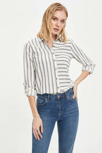 DeFacto Woman Spring Striped Shirts Women Casual Black White Striped Top Shirts Long Sleeve Shirt-K3563AZ20SP