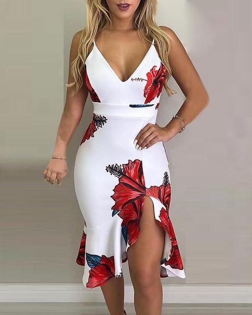 2019 New Fashion Elegant Slim Bodycon Sexy Party Beach Dress Sleeveless Dress Spaghetti Strap Floral Print Slit Ruffles Dress