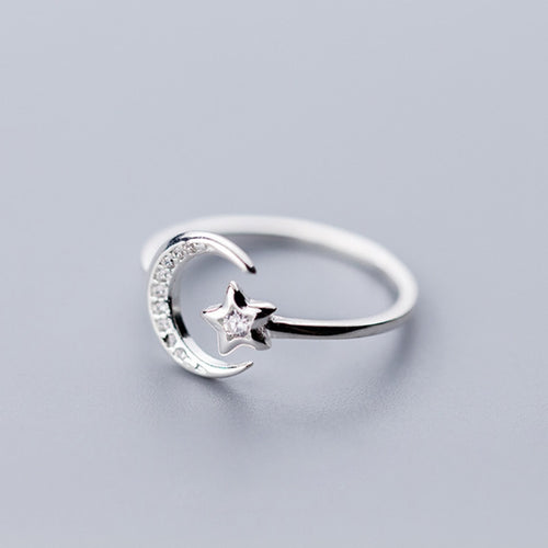 Real 925 Sterling Silver Minimalist Zircon Moon Star Opening Ring For Charming Women Party Fine Jewelry Cute 2019 Gift