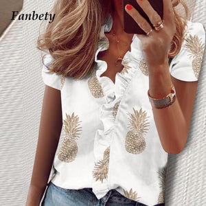 Elegant New Daisy Pineapple Print Ruffle blouse shirts Office Lady 2020 Summer Short Sleeve Slim Blouses women Sexy V-neck tops