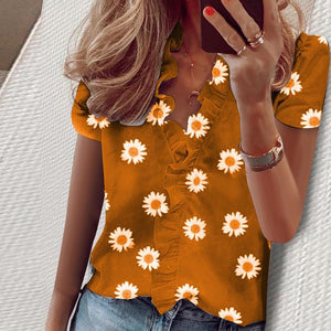 Elegant New Daisy Pineapple Print Ruffle blouse shirts Office Lady 2020 Summer Short Sleeve Slim Blouses women Sexy V-neck tops