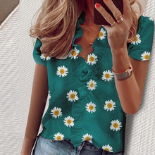 Load image into Gallery viewer, Elegant New Daisy Pineapple Print Ruffle blouse shirts Office Lady 2020 Summer Short Sleeve Slim Blouses women Sexy V-neck tops