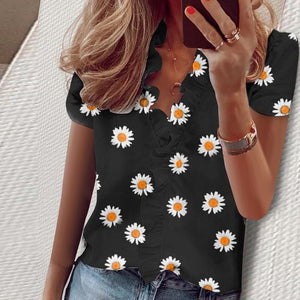 Elegant New Daisy Pineapple Print Ruffle blouse shirts Office Lady 2020 Summer Short Sleeve Slim Blouses women Sexy V-neck tops