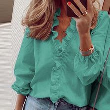 Load image into Gallery viewer, Elegant New Daisy Pineapple Print Ruffle blouse shirts Office Lady 2020 Summer Short Sleeve Slim Blouses women Sexy V-neck tops