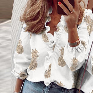 Elegant New Daisy Pineapple Print Ruffle blouse shirts Office Lady 2020 Summer Short Sleeve Slim Blouses women Sexy V-neck tops