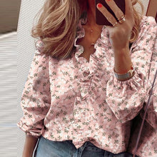 Load image into Gallery viewer, Elegant New Daisy Pineapple Print Ruffle blouse shirts Office Lady 2020 Summer Short Sleeve Slim Blouses women Sexy V-neck tops