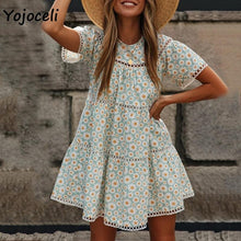 Load image into Gallery viewer, Yojoceli boho beach floral print dress women hollow out beach dress casual loose mini dress new spring summer
