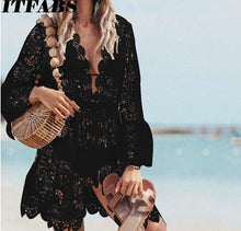 Load image into Gallery viewer, 2020 Autumn Lace Crochet Women Beach Dress Bikini Cover Up Swimwear Floral White Black Bathing Suit Tunic Beach Dress