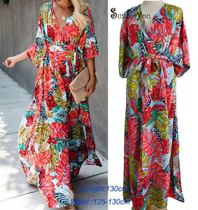 Cotton Beach Cover Up Print Beach Kaftan Women Bikini Cover-ups Beachwear Button Swimsuit Cover Up Dress Robe Beach Tunic