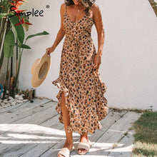 Load image into Gallery viewer, Simplee Leopard print women dress Sexy sleeveless ruffled high waist summer dress V-neck buttons beach wear holiday dress 2020