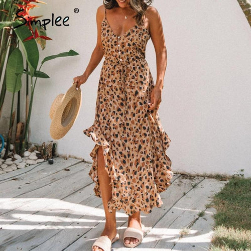 Simplee Leopard print women dress Sexy sleeveless ruffled high waist summer dress V-neck buttons beach wear holiday dress 2020