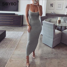 Load image into Gallery viewer, SIBYBO Ribbed Spaghetti Strap Cotton Dress Women Sleeveless O-Neck Summer Dress Solid Backless Long Party Dress