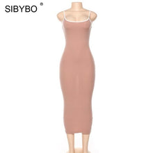 Load image into Gallery viewer, SIBYBO Ribbed Spaghetti Strap Cotton Dress Women Sleeveless O-Neck Summer Dress Solid Backless Long Party Dress