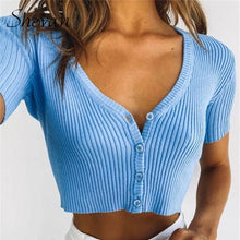 Load image into Gallery viewer, Shevan Street Summer Tops Sexy Women Blue with Buttons Tank Tops Short Sleeve Korean Style Rib Knitted Crop Top Women