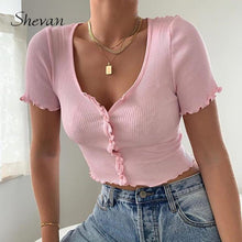 Load image into Gallery viewer, Shevan Street Summer Tops Sexy Women Blue with Buttons Tank Tops Short Sleeve Korean Style Rib Knitted Crop Top Women