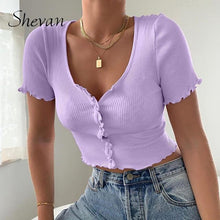 Load image into Gallery viewer, Shevan Street Summer Tops Sexy Women Blue with Buttons Tank Tops Short Sleeve Korean Style Rib Knitted Crop Top Women