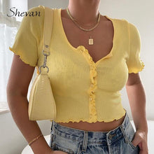 Load image into Gallery viewer, Shevan Street Summer Tops Sexy Women Blue with Buttons Tank Tops Short Sleeve Korean Style Rib Knitted Crop Top Women
