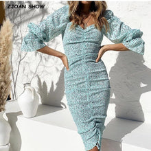 Load image into Gallery viewer, 2020 New Package Hips Dot Print Long sleeve Dress Elegant Women Lacing up Elastic Ruched Mid Long Party Dresses Slim fit Vestido