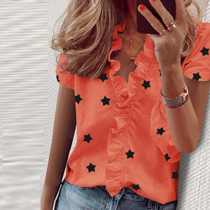 Elegant New Daisy Pineapple Print Ruffle blouse shirts Office Lady 2020 Summer Short Sleeve Slim Blouses women Sexy V-neck tops