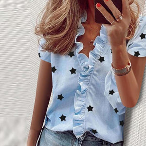 Elegant New Daisy Pineapple Print Ruffle blouse shirts Office Lady 2020 Summer Short Sleeve Slim Blouses women Sexy V-neck tops