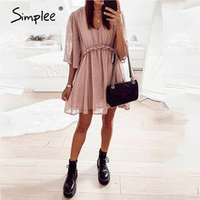 Load image into Gallery viewer, Simplee Sexy v-neck women ruffle pink dress Elegant dot print backless short sundress Summer office ladies casual mini dress