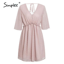 Load image into Gallery viewer, Simplee Sexy v-neck women ruffle pink dress Elegant dot print backless short sundress Summer office ladies casual mini dress