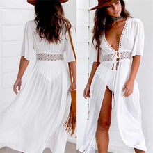 Load image into Gallery viewer, 3XL Plus Size Beach Long Maxi Dress Women Beach Cover Up Tunic Pareo White V Neck Dress Robe Swimwear Bathing Suit Beachwear