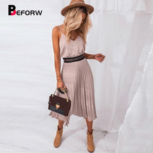 Load image into Gallery viewer, 2020 Sexy Women Summer Sexy Dress Spaghetti Strap Dress V-Neck Pink Female Pleated Midi Dress Casual Office Ladies Party Dresses