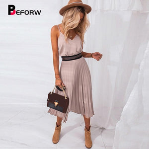 2020 Sexy Women Summer Sexy Dress Spaghetti Strap Dress V-Neck Pink Female Pleated Midi Dress Casual Office Ladies Party Dresses