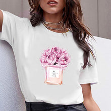 Load image into Gallery viewer, Women Clothes Print Flower Perfume Bottle Sweet Short Sleeve Tshirt Printed Women Shirt T Female T-shirt  Top Casual Woman Tee
