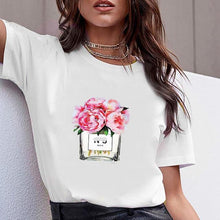Load image into Gallery viewer, Women Clothes Print Flower Perfume Bottle Sweet Short Sleeve Tshirt Printed Women Shirt T Female T-shirt  Top Casual Woman Tee
