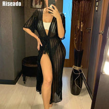 Load image into Gallery viewer, Riseado 2020 Pareo túnica de playa Bikini cubre Ups Vestido largo de playa traje de baño de media manga traje de baño Sexy trajes de baño mujeres