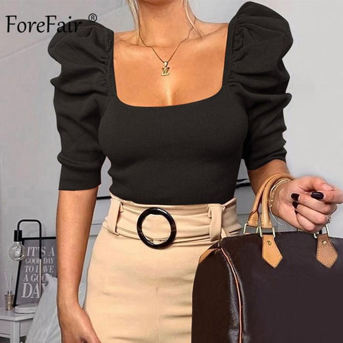 Forefair Vintage Puff Sleeve Women Blouse Square Neck Korean Style Tops Elegant Sexy White Black Slim Crop Blouse Women