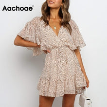 Load image into Gallery viewer, Women Boho Printed Chiffon Mini Dress 2020 Summer V Neck Ruffled Sexy Beach Dresses A Line Short Sleeve Holiday Casual Dress