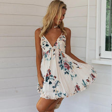 Load image into Gallery viewer, Foridol Backless Mini Dress Summer V Neck Beach Sundress Women White Floral Print Dresses Boho FlowerDress 2020 Short Dress