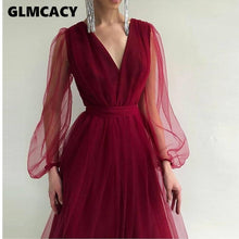 Load image into Gallery viewer, Women Mesh Long Sleeve Plunge Neck Dress Elegant Maxi Solid Formal Evening Party Dress