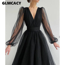 Load image into Gallery viewer, Women Mesh Long Sleeve Plunge Neck Dress Elegant Maxi Solid Formal Evening Party Dress