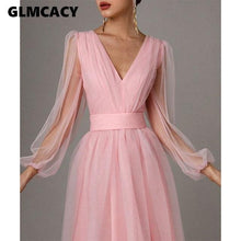 Load image into Gallery viewer, Women Mesh Long Sleeve Plunge Neck Dress Elegant Maxi Solid Formal Evening Party Dress