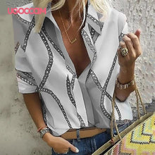 Load image into Gallery viewer, UGOCCAM Women Blouse Long Sleeve Shirt Print Office Turn-down Collar Blouse Elegant Work Plus Size Tops Fashion Women Tops