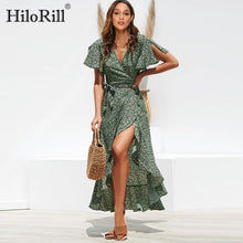 Load image into Gallery viewer, Summer Beach Maxi Dress Women Floral Print Boho Long Chiffon Dress Ruffles Wrap Casual V-Neck Split Sexy Party Dress Robe Femme