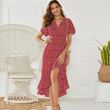 Load image into Gallery viewer, Summer Beach Maxi Dress Women Floral Print Boho Long Chiffon Dress Ruffles Wrap Casual V-Neck Split Sexy Party Dress Robe Femme