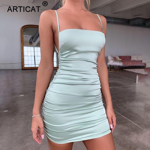 Articat Spaghetti Strap Mini Satin Dress Women Sexy Backless Cross Bandage Bodycon Party Dress Pleated Stretch Short Club Dress