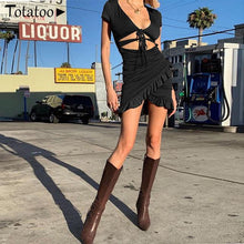 Load image into Gallery viewer, Totatoop Lace Up V Neck Ruched Bodycon Mini Dress Women 2020 Summer Hollow Out Ruffles Sundress Beachwear Vestidos