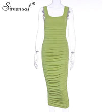 Load image into Gallery viewer, Simenual Ruched sólido Sexy Bodycon partido vestidos mujeres moda sin mangas ropa de fiesta ajustada básica caliente Midi vestido 2020 ajustado femenino