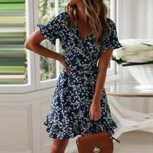 Load image into Gallery viewer, Women Dresses Summer 2020 Sexy V Neck Floral Print Boho Beach Dress Ruffle Short Sleeve A Line Mini Dress Wrap Sundress Robe