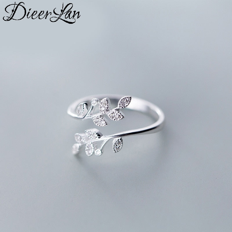 DIEERLAN Personality 925 Sterling Silver Crystal Leaf Rings For Women Wedding Jewelry Adjustable Antique Finger Ring Anillos