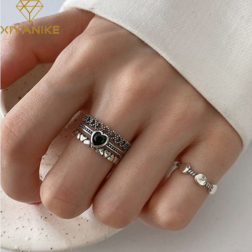 XIYANIKE 925 Sterling Silver Width Rings for Women Couples Vintage Trendy LOVE Heart Multilayer Thai Silver Jewelry Party Gifts